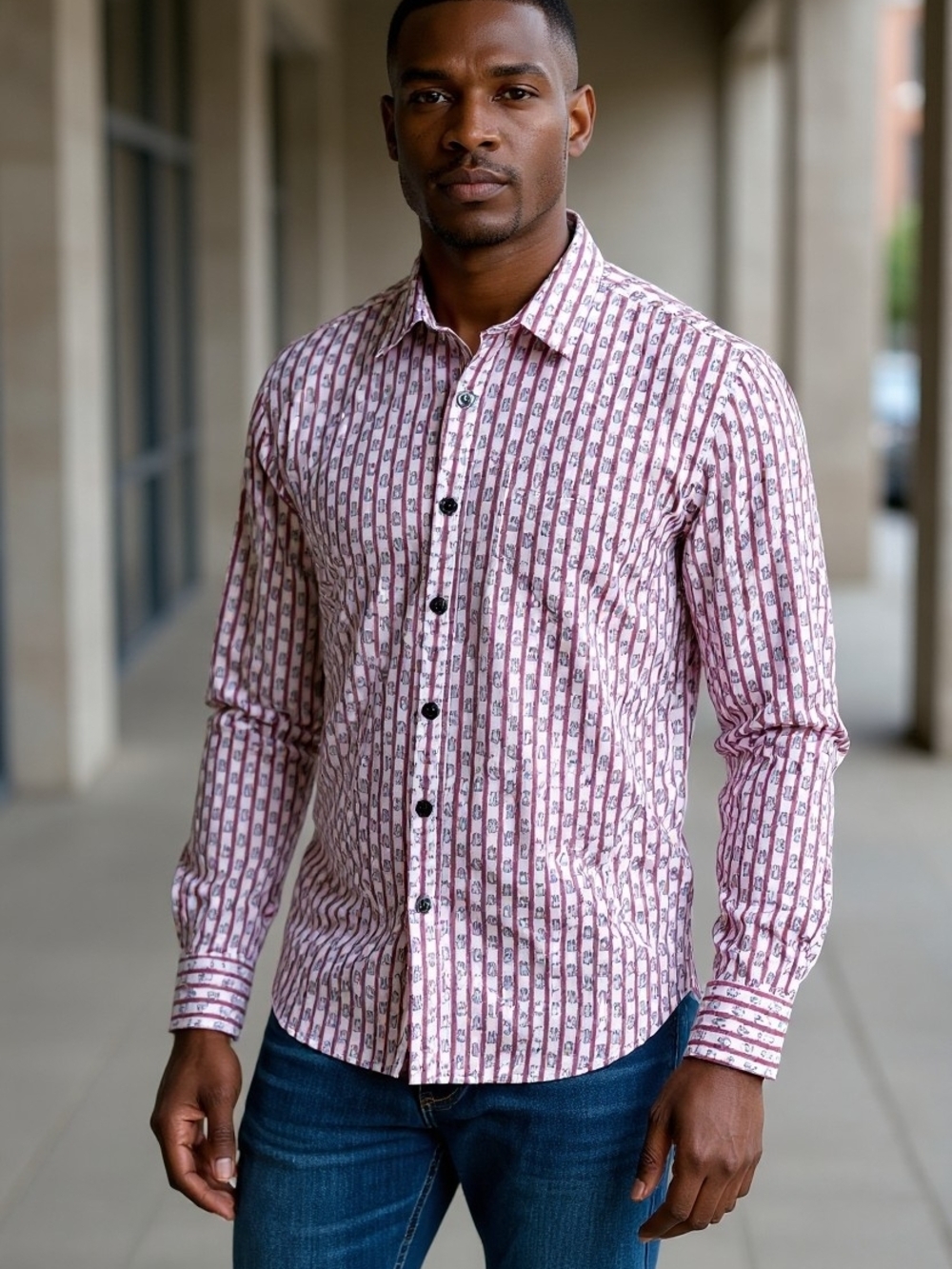 Men's Pink Patterned Long-Sleeve Slim Fit Shirt